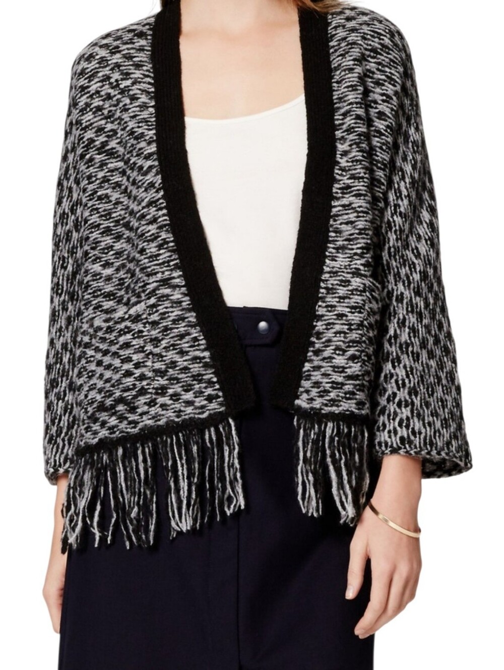 LOFT Black & Gray Fringe Open Cardigan Sweater Size Large
